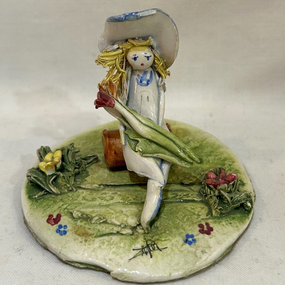 VTG Lino Zampiva Italian Artist Signed Figurine Girl in Park w/ Flower Bouquet